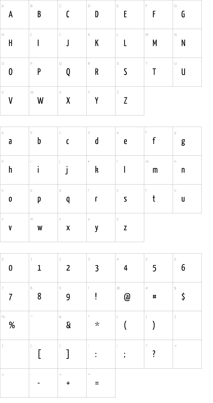 Character Map Yanone Kaffeesatz Regular Font