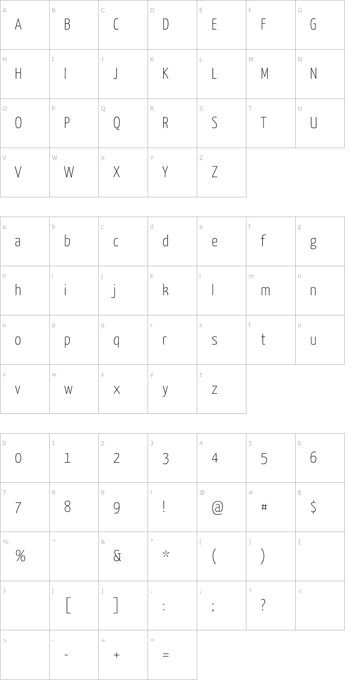 Character Map Yanone Kaffeesatz Thin Font