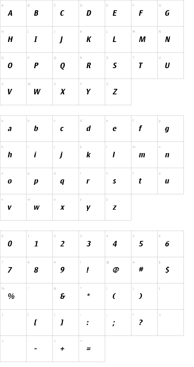Character Map Yellow-BoldOblique Font