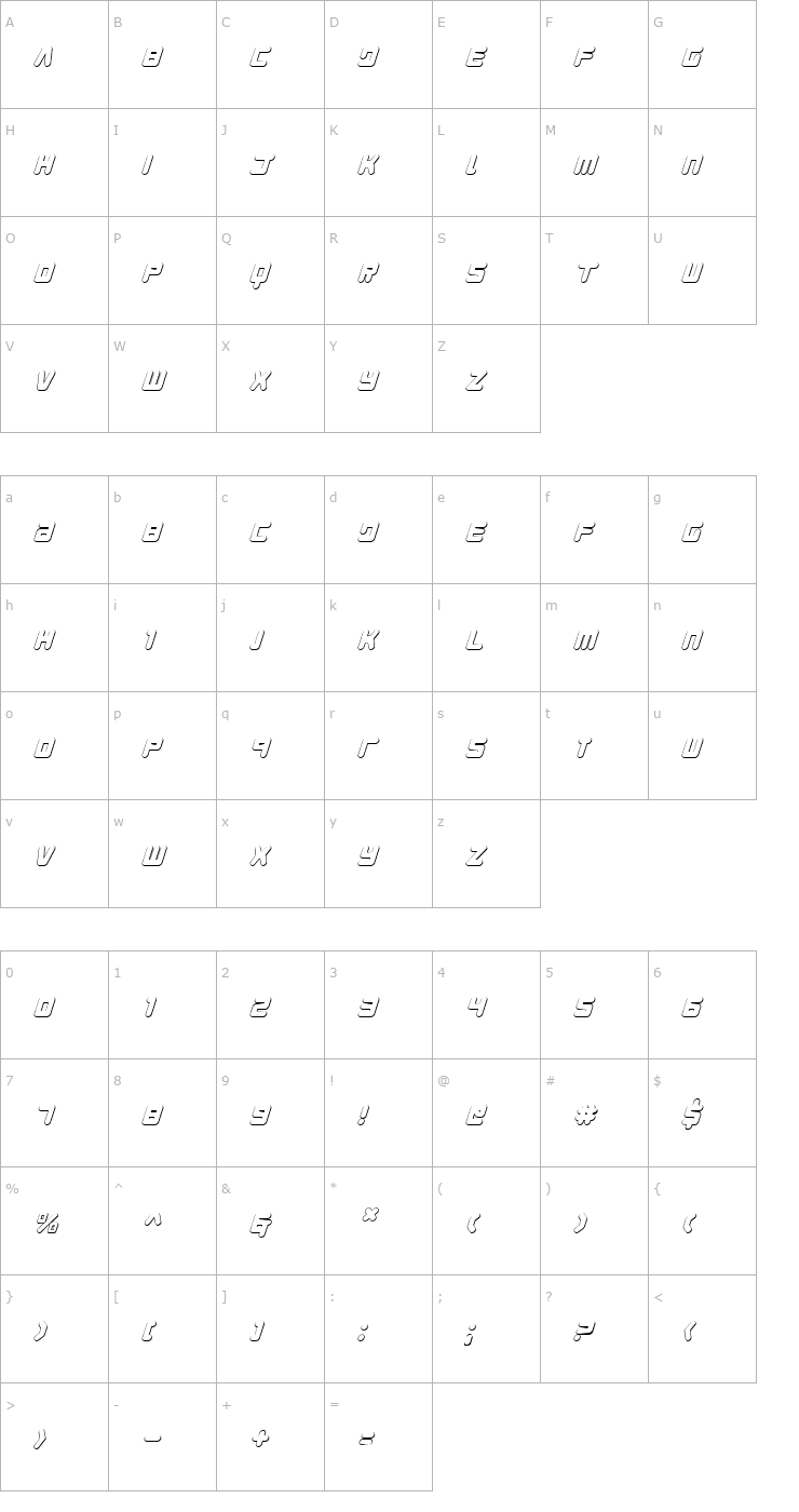 Character Map Young Techs 3D Italic Font