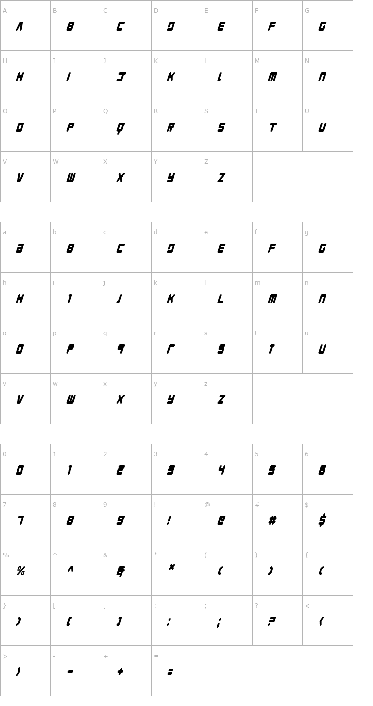 Character Map Young Techs Condensed Italic Font