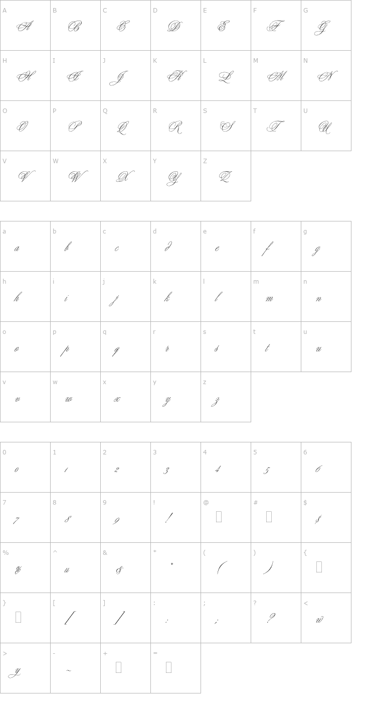 Character Map YoungBaroquePlain Font
