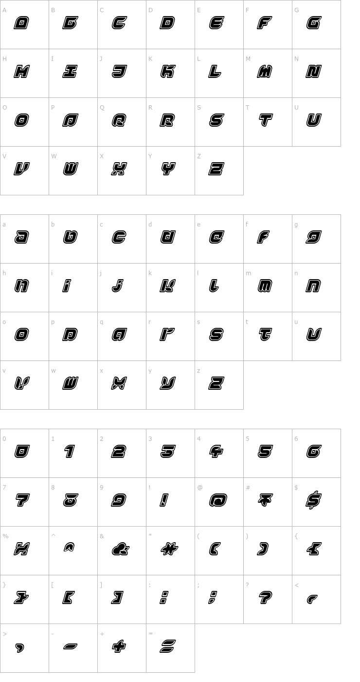 Character Map Yr72InlineItalic Font
