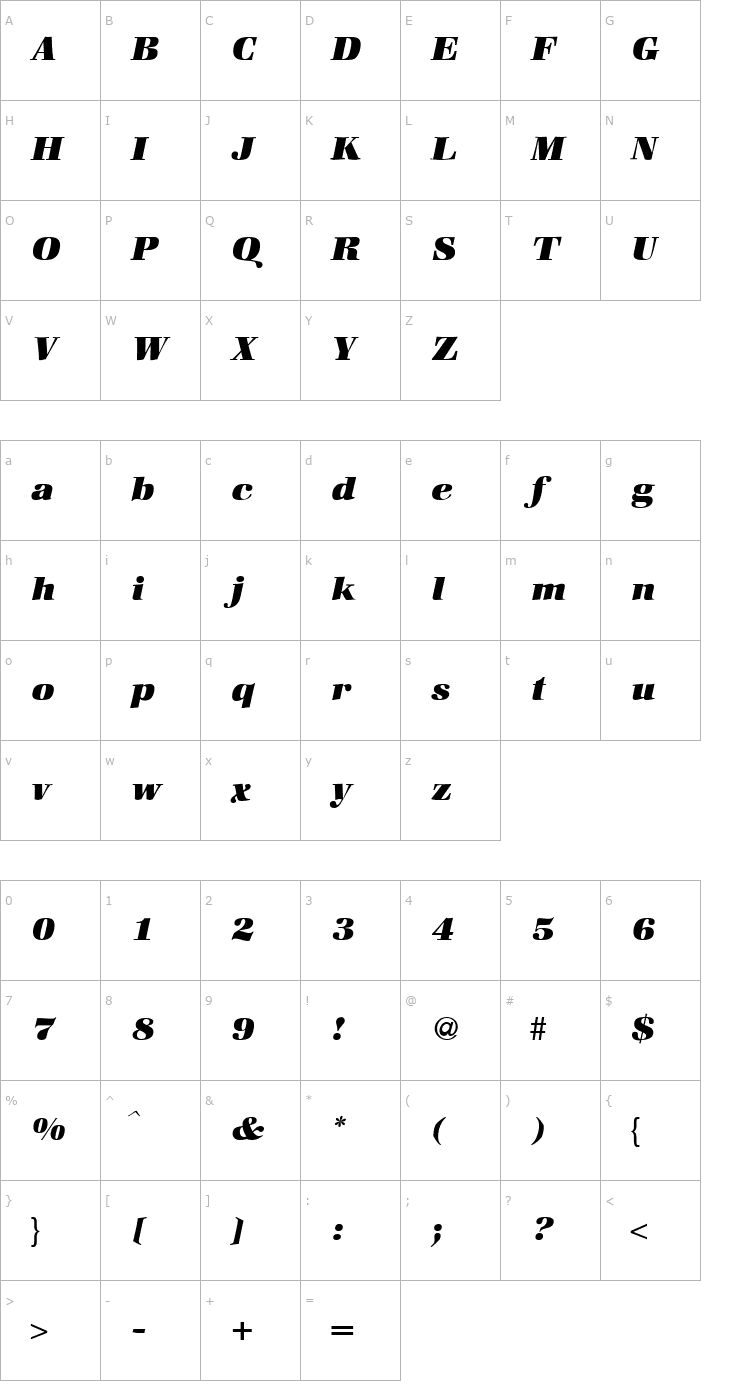 Character Map ZabriskieBookHeavy-RegularItalic Font