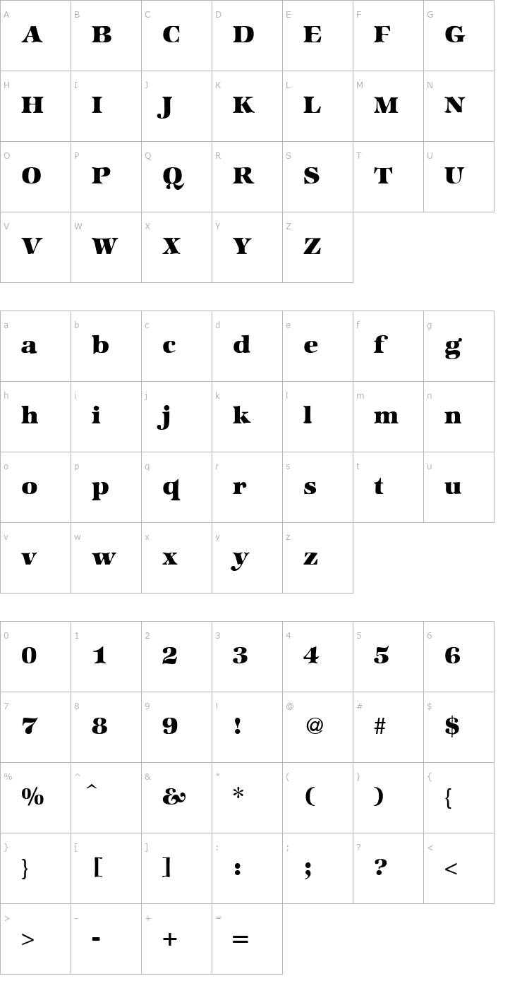 Character Map ZabriskieInternationalHeavy-Regular Font