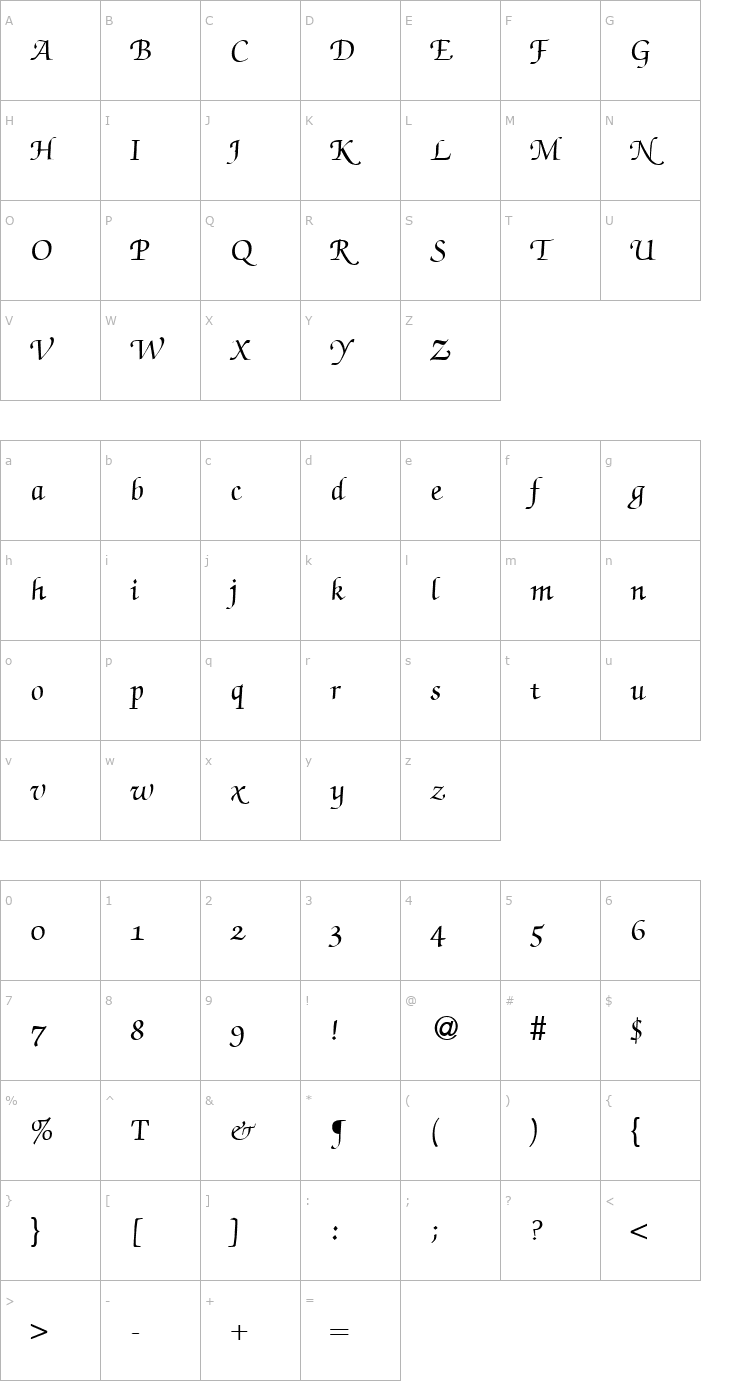 Character Map ZabriskieScriptSwash-Bold Font