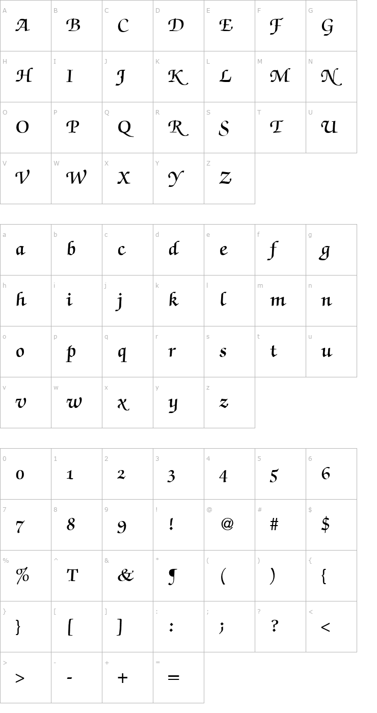 Character Map ZabriskieScriptSwashDemi-Regular DB Font