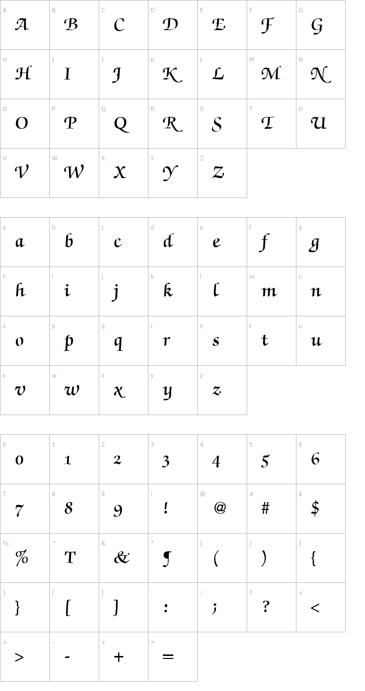 Character Map ZabriskieScriptSwashDemi-Regular Font