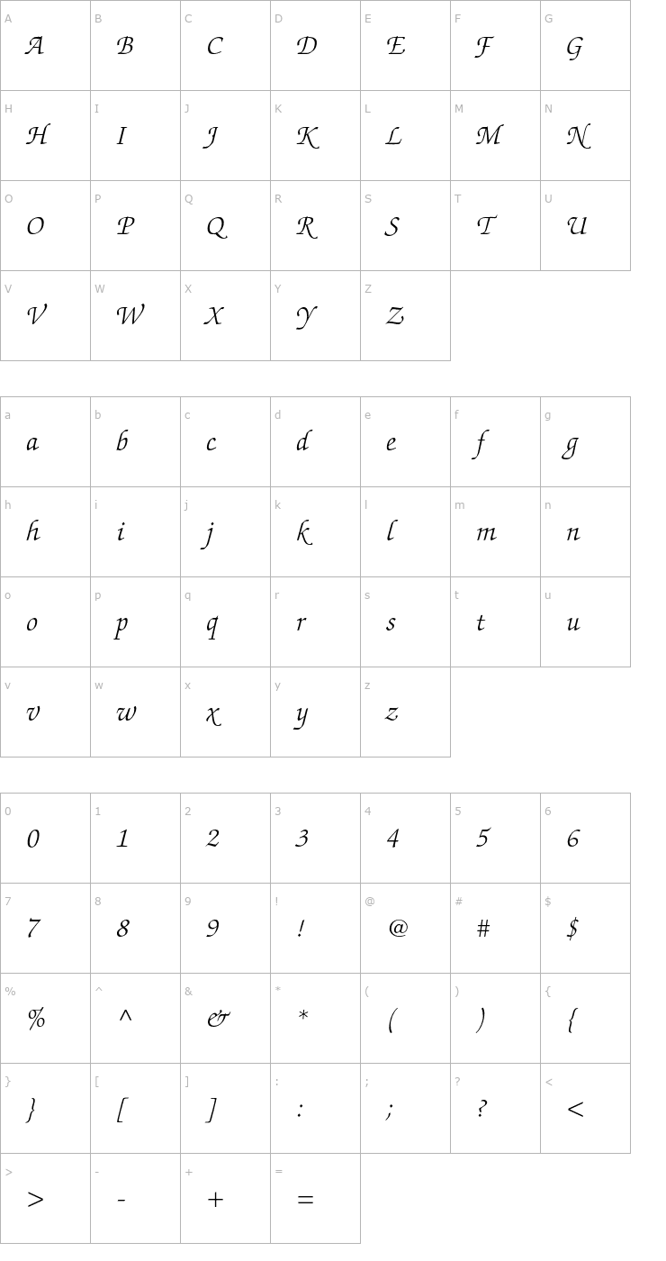 Character Map ZapfChanceryStd-LightItalic Font