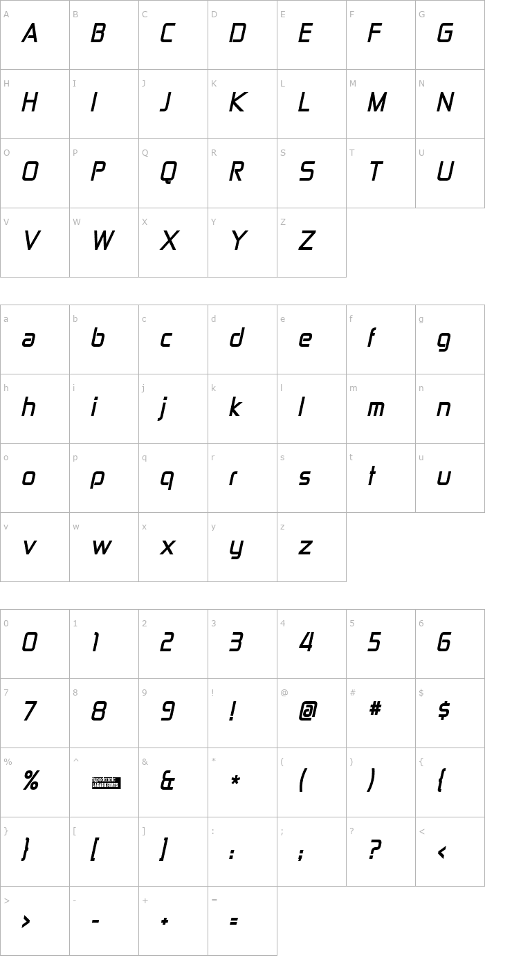 Character Map Zekton Bold Italic Font