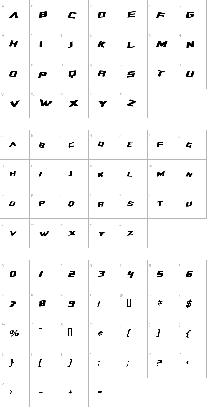 Character Map Zero Gravity Extended Italic Font