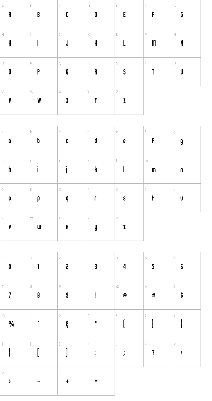 Character Map Zillah Modern Narrow Font