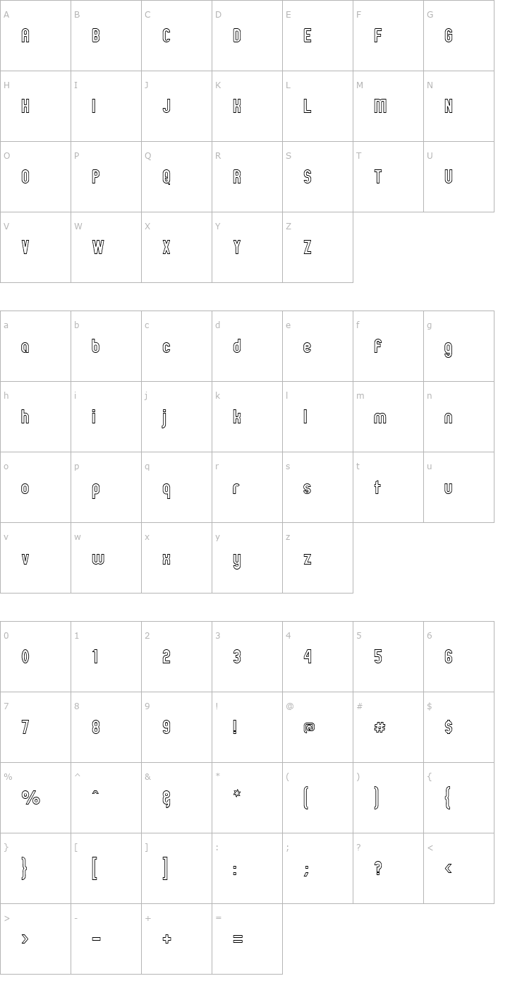 Character Map Zillah Modern Ouline Font