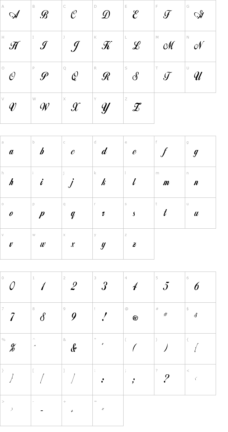 Character Map ZimmermanCondensed Font