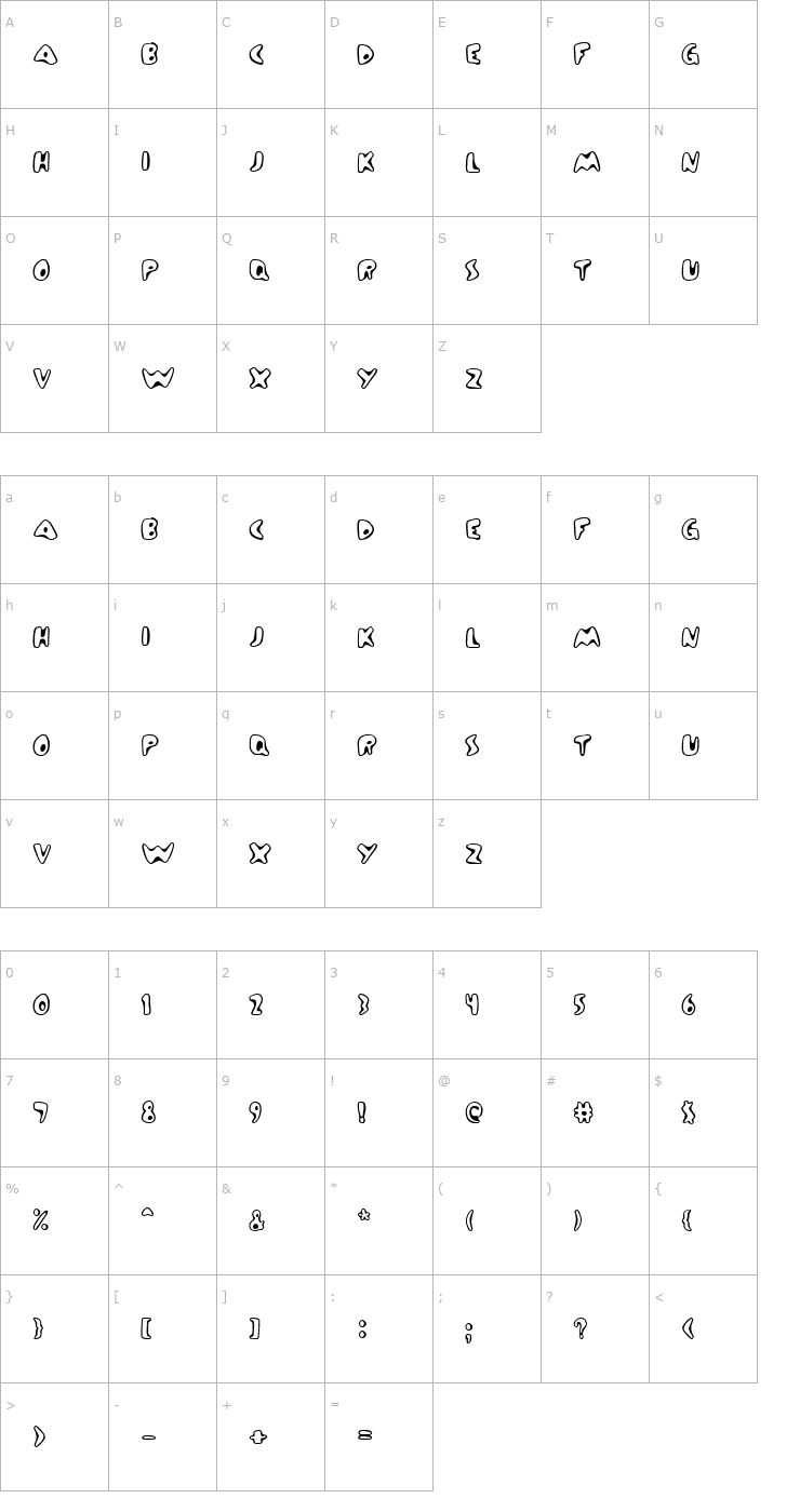 Character Map Zinc Boomerang Font
