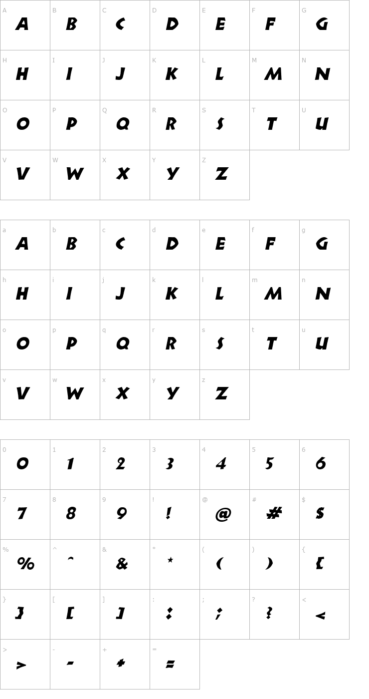 Character Map Zorba Italic Font